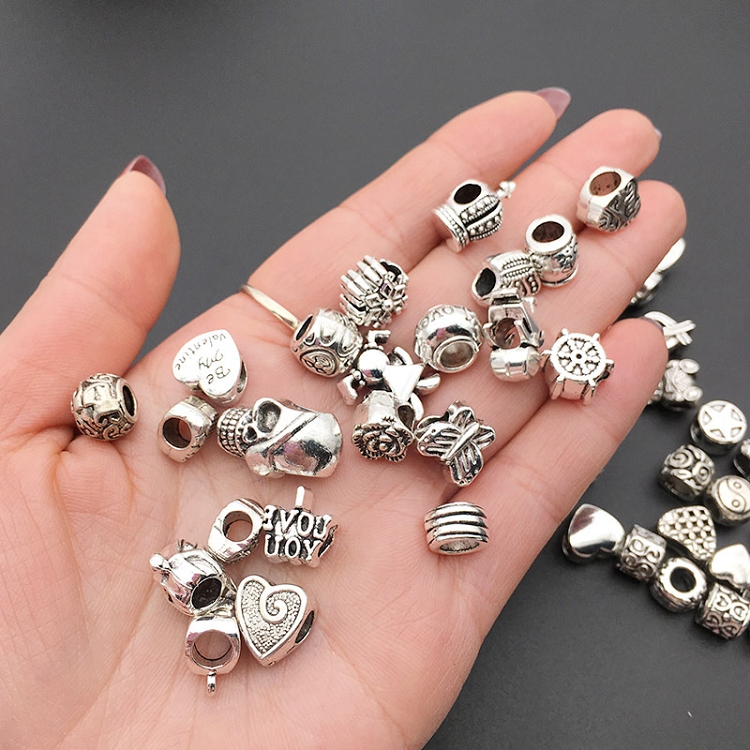 Aliexpress foreign trade mixed 60 kinds of Tibetan silver alloy carved big hole beads DIY accessories accessories bracelet necklace wholesale